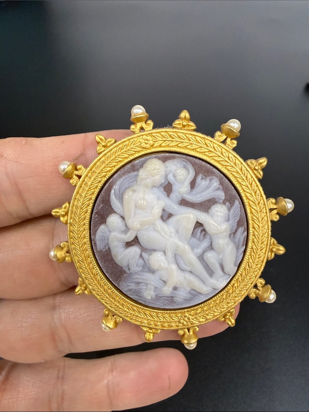 Avon Gold-Tone Cameo Brooch with White Relief on Brown Base
